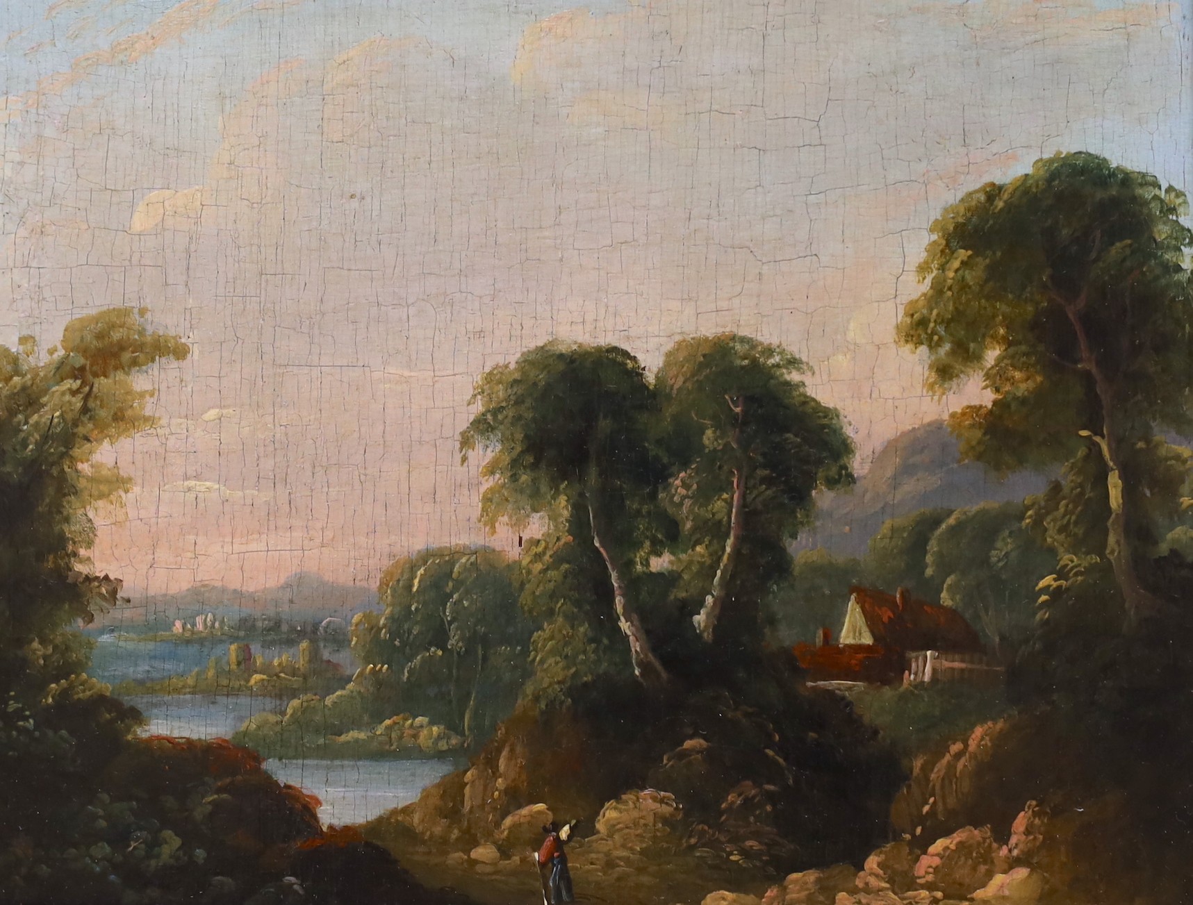 J. Williams, Liverpool (19th C.), pair of oils on wooden panels, Landscapes with travellers and ruins, 17 x 22cm
